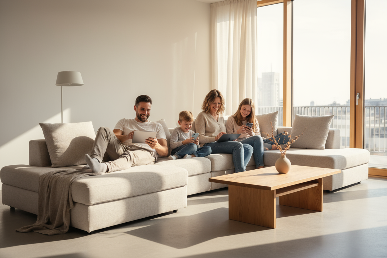 Quisiera la imagen de una familia en su living minimalista utilizando aparatos electrónicos simples y sonriendo, una imagen donde se ven relajados y un ambiente simple 